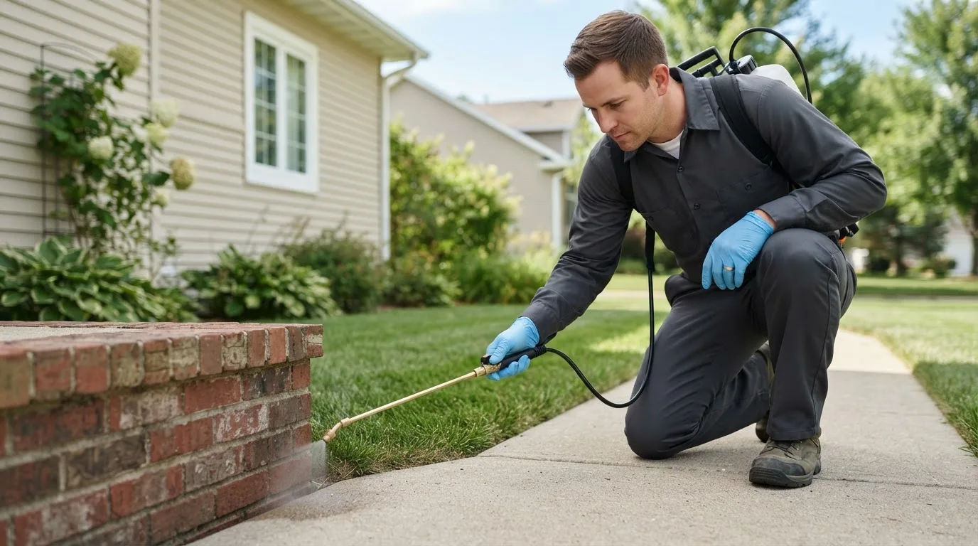 Pest control technician treating a home near Saint Paul, NE