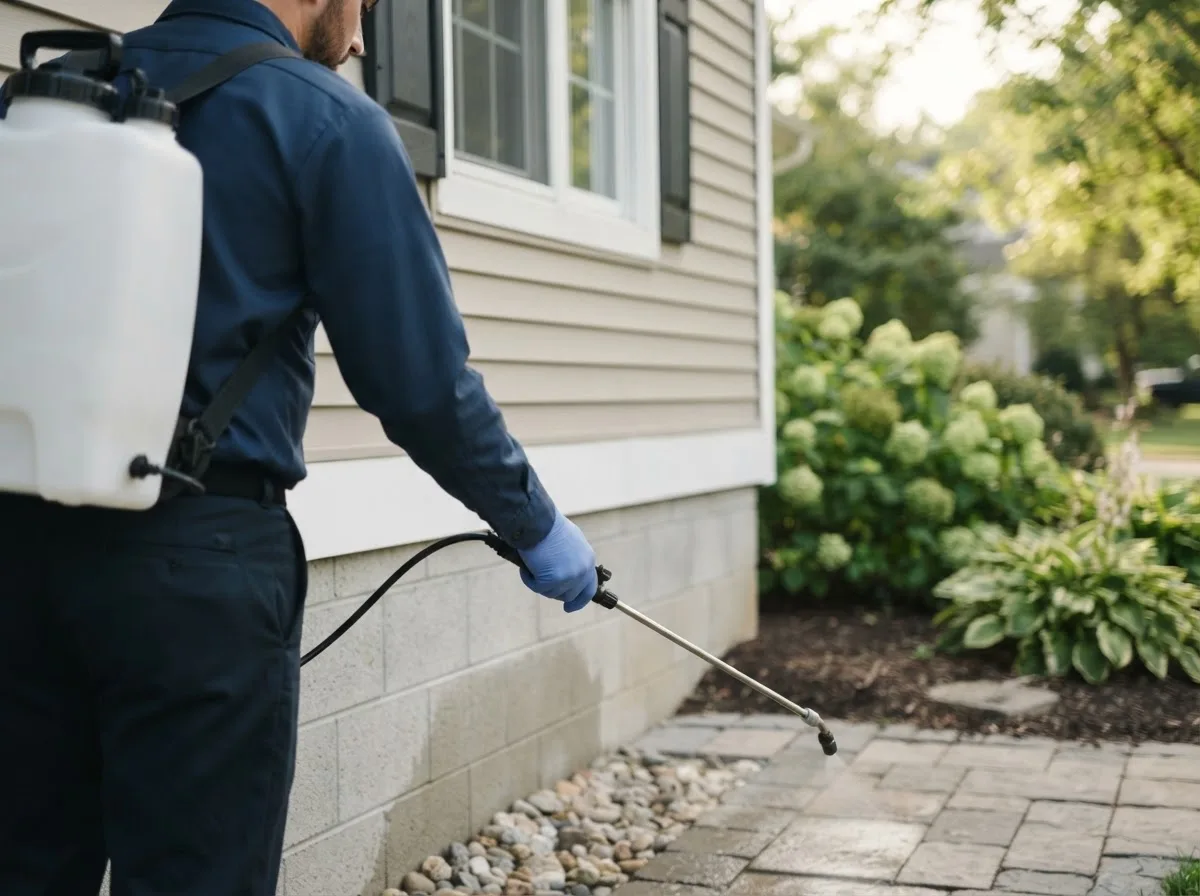 Pest control technician inspecting a home in Saint Paul, NE